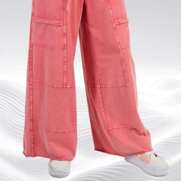 EASEL "Perfect Cargo Lux" Terry Knit Mineral Washed Flared Leg Raw Hems & Seams - Picture 15 of 15